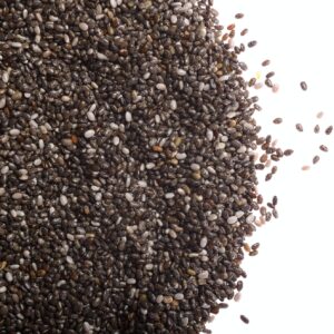 Raw Chia seeds closeup on white background